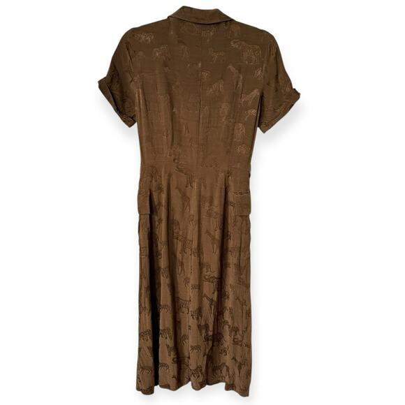 Zara Midi Dress Small Brown‎ Animal Print Metallic Safari Button-Up Shirtdress S - Picture 5 of 11